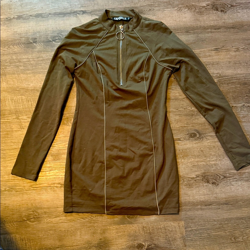 Capsule Army Green Silver zipper w/ slimming reflector piping Long Sleeve Dress